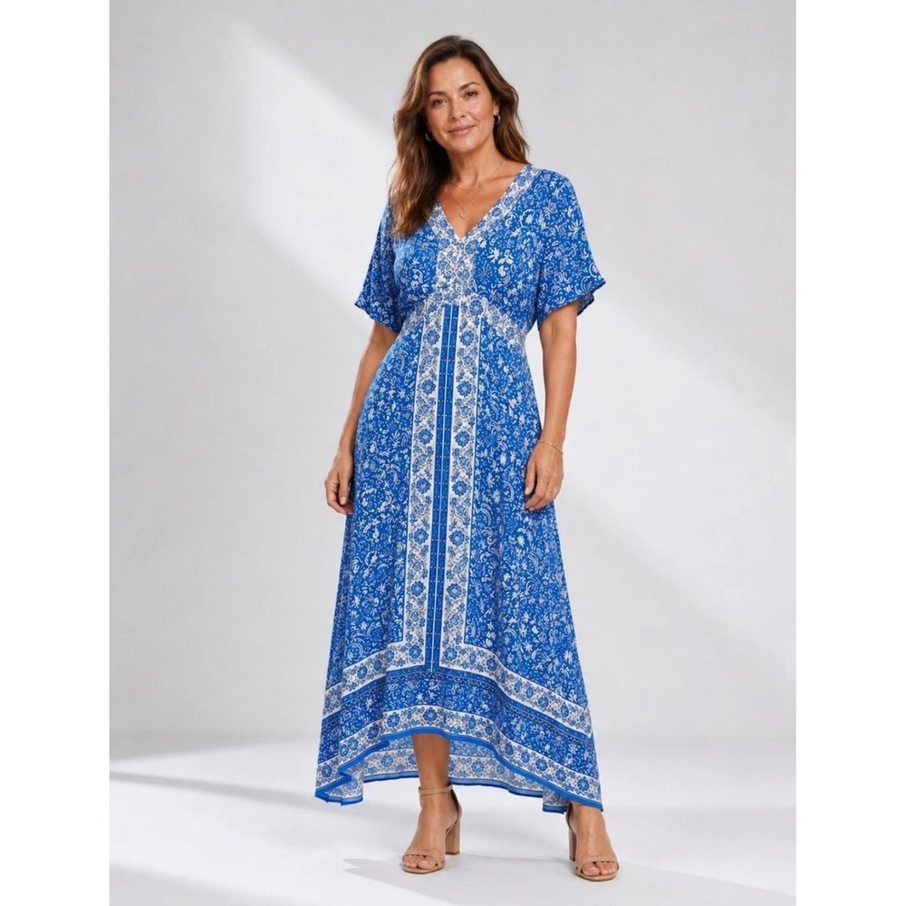 NWT MSK Blue & White Boho Maxi Dress Size M Retail $99